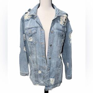 Missguided Distressed Denim Jacket Oversized Medium Wash Streetwear Size 4